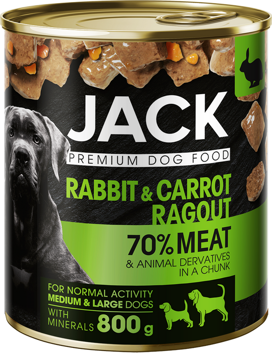 JACK CAN FOR DOG - CHUNKS IN GRAVY WITH RABBIT AND CARROT, konservai su triušiena ir morkomis šunims