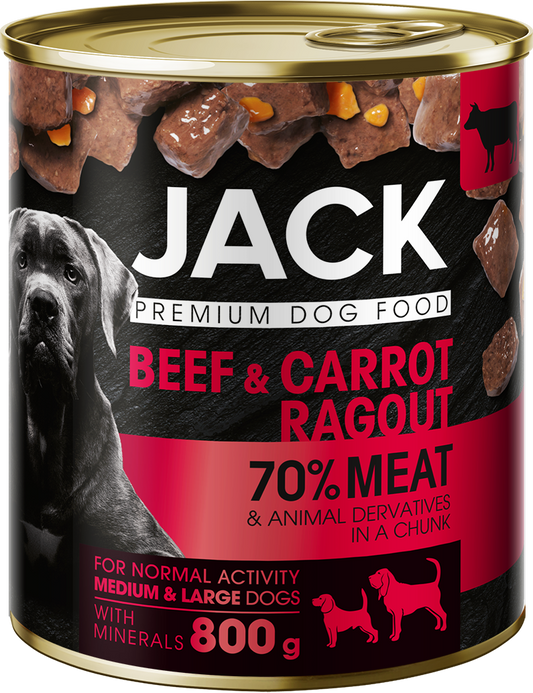 JACK CAN FOR DOG - CHUNKS IN GRAVY WITH BEEF AND CARROT, konservai su jautiena ir morkomis šunims