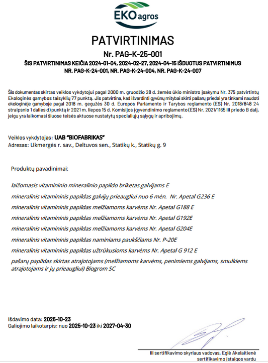Laižomasis vitamininio mineralinio papildo briketas galvijams E, ekologinės gamybos ūkiams