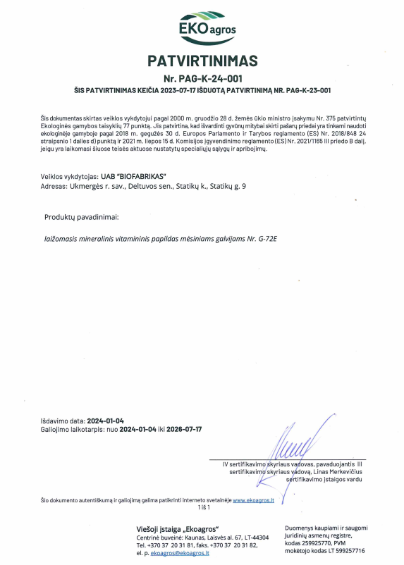 G-72E, lickable mineral vitamin supplement for beef cattle for organic farms
