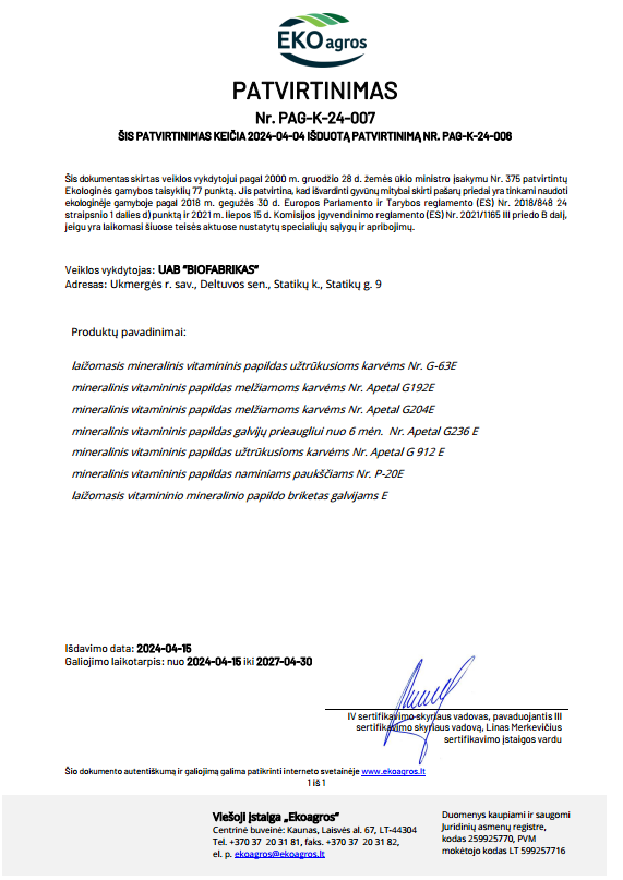 P-20E, mineral vitamin supplement for poultry, organic farms