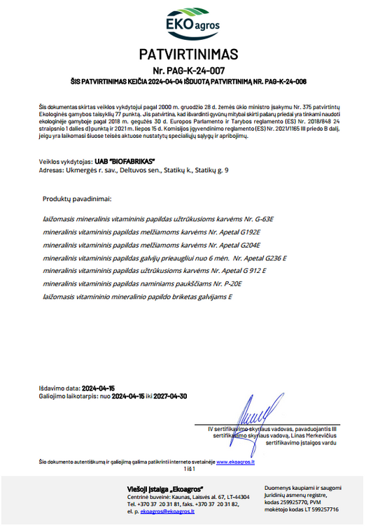 APETAL G236 E, mineralinis vitamininis pašaro papildas galvijų prieaugliui nuo 6 mėn., ekologinės gamybos ūkiams