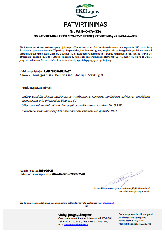 G-82E, lickable mineral vitamin feed supplement for dairy cows for organic farms