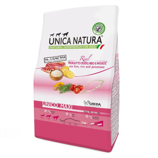 GHEDA UNICA NATURA MAXI – RAW HAM, RICE and POTATOES, visavertis super premium pašaras su kiaulienos kumpiu, ryžiais ir bulvėmis vidutinių ir didelių veislių šunims, 12 kg