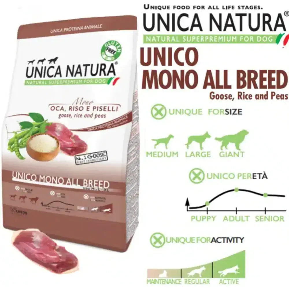 UNICA NATURA MONO – GOOSE, RICE and PEAS, visavertis super premium pašaras su žąsiena vidutinių ir didelių veislių šunims, 12 kg