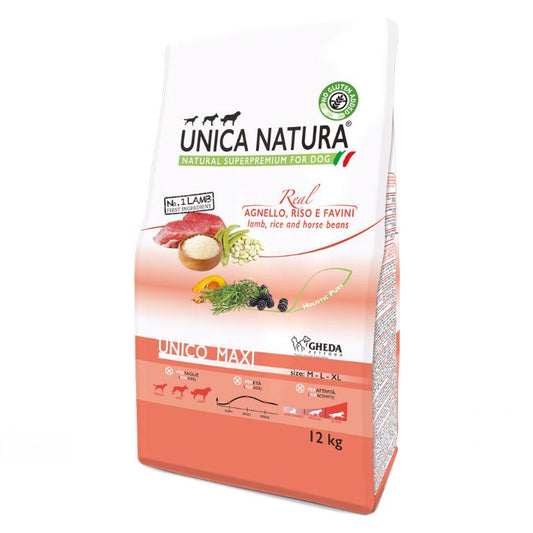 GHEDA UNICA NATURA MAXI – LAMB, RICE and HORSE BEANS, visavertis super premium pašaras su ėriena, ryžiais ir pupelėmis vidutinių ir didelių veislių šunims, 12 kg
