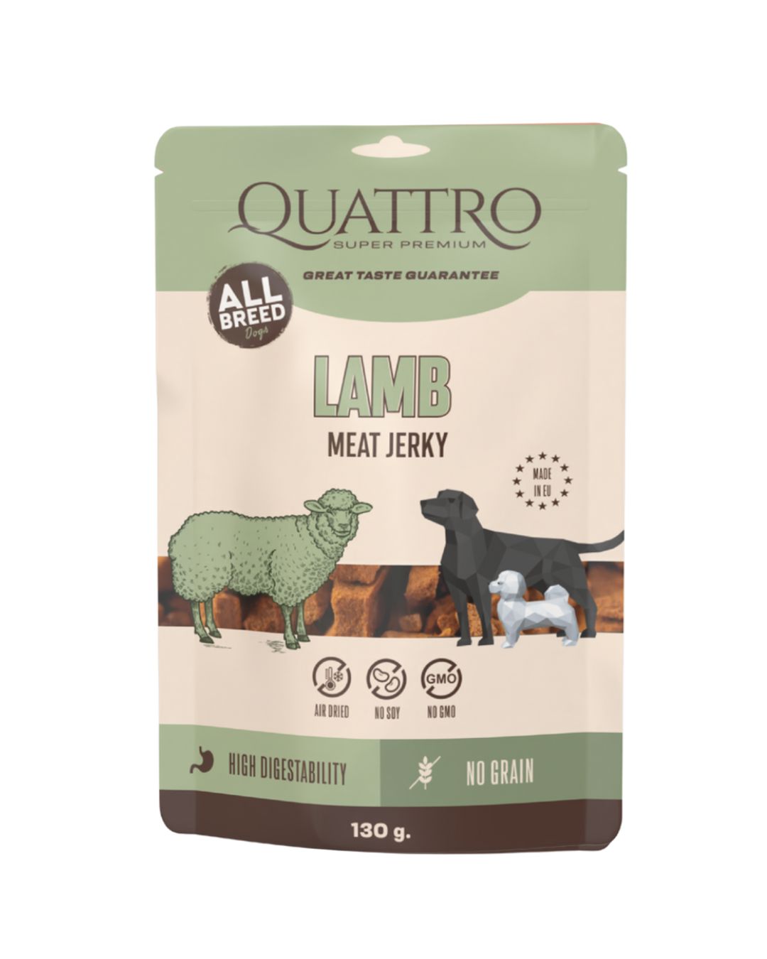QUATTRO JERKY - LAMB FILLETS, pašaro papildas suaugusiems šunims su ėriena, 130g