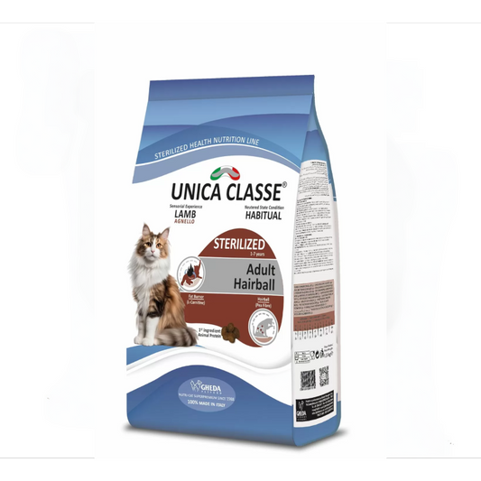 GHEDA UNICA CLASSE CAT - STERILIZED HAIRBALL, visavertis super premium pašaras su ėriena suaugusioms sterilizuotoms katėms, 10 kg