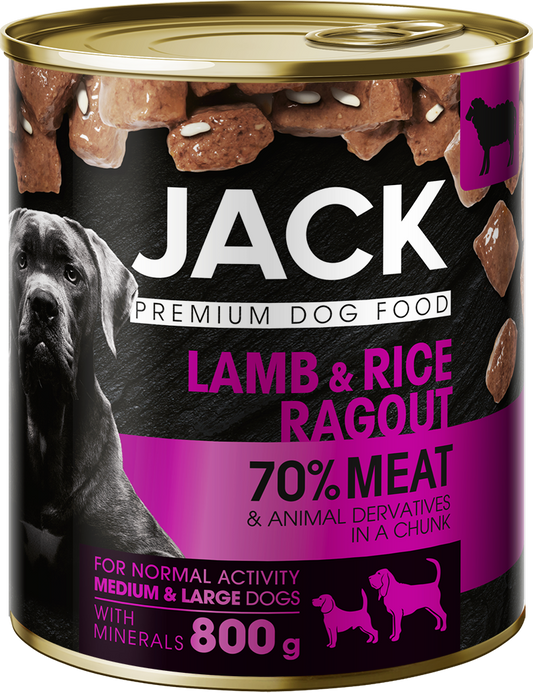 JACK CAN FOR DOG - CHUNKS IN GRAVY WITH LAMB AND RICE, konservai su ėriena ir ryžiais šunims