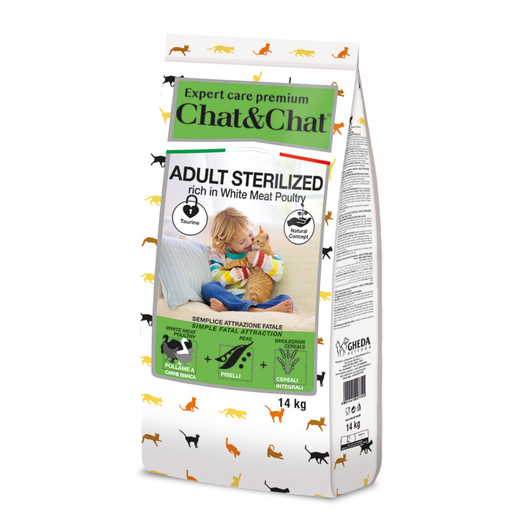 GHEDA CHAT&CHAT EXPERT ADULT STERILIZED, visavertis premium pašaras su paukštiena suaugusioms sterilizuotoms katėms, 14 kg