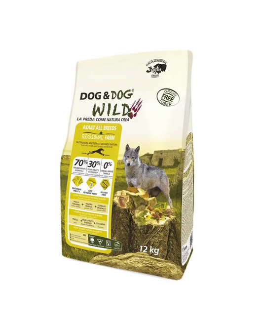 GHEDA DOG&DOG WILD REGIONAL FARM, visavertis super premium pašaras su vištiena, antiena ir triušiena suaugusiems šunims, 12 kg