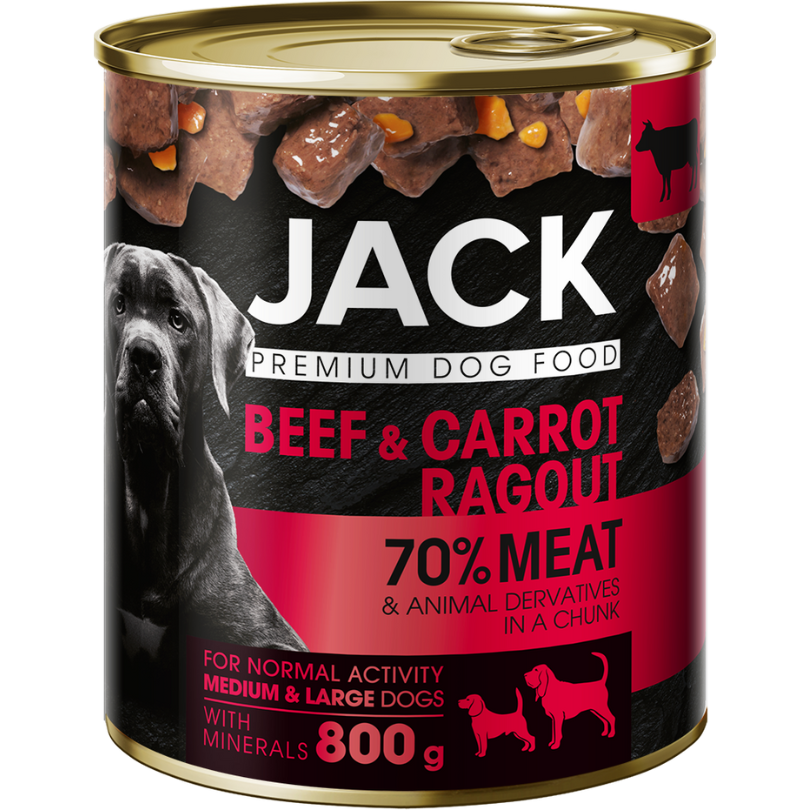 JACK CAN FOR DOG - CHUNKS IN GRAVY WITH BEEF AND CARROT, konservai su jautiena ir morkomis šunims