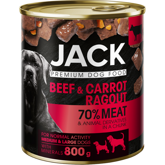 JACK CAN FOR DOG - CHUNKS IN GRAVY WITH BEEF AND CARROT, konservai su jautiena ir morkomis šunims, 800 g