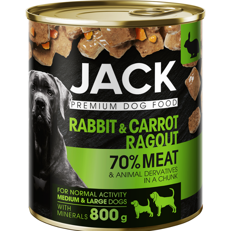 JACK CAN FOR DOG - CHUNKS IN GRAVY WITH RABBIT AND CARROT, konservai su triušiena ir morkomis šunims