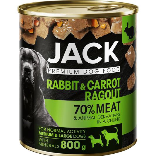 JACK CAN FOR DOG - CHUNKS IN GRAVY WITH RABBIT AND CARROT, konservai su triušiena ir morkomis šunims, 800 g