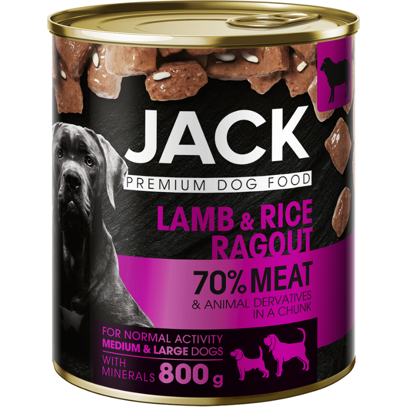 JACK CAN FOR DOG - CHUNKS IN GRAVY WITH LAMB AND RICE, konservai su ėriena ir ryžiais šunims