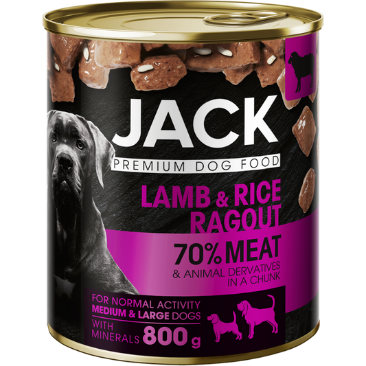 JACK CAN FOR DOG - CHUNKS IN GRAVY WITH LAMB AND RICE, canned food with lamb and rice for dogs, 800 g