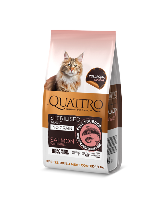 QUATTRO visavertis sausas pašaras suaugusioms sterilizuotoms katėms su lašiša, 7 kg
