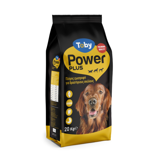 TOBY POWER PLUS, complete premium feed for adult and active dogs of all breeds with chicken and fish, 20 kg