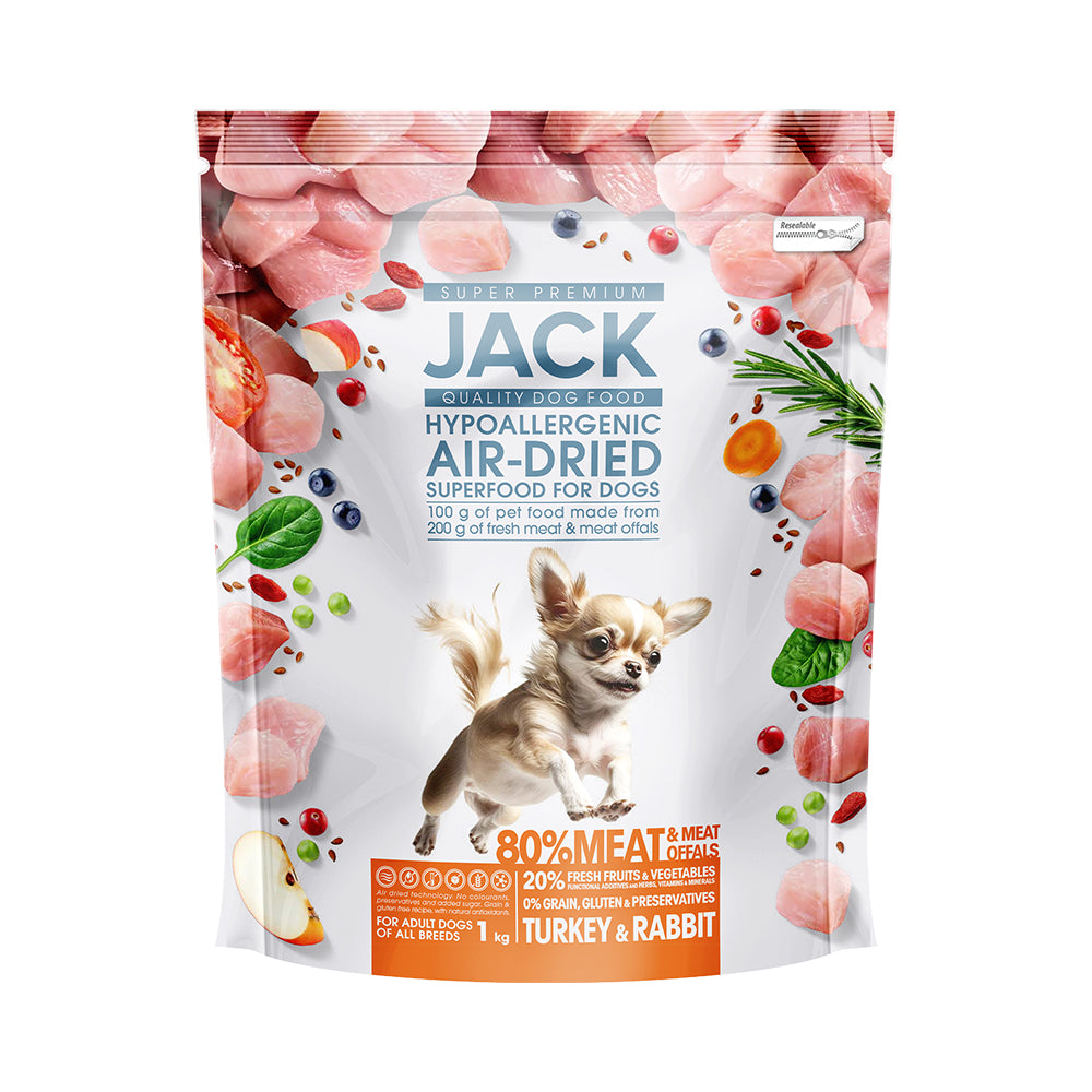 JACK AIR-DRIED DRY FOOD, HYPOALLERGENIC, TURKEY &amp; RABBIT, complete superpremium feed with turkey and rabbit, for small and mini breed dogs