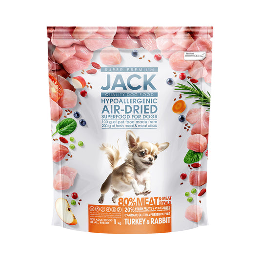 JACK AIR-DRIED DRY FOOD, HYPOALLERGENIC, TURKEY & RABBIT, visavertis superpremium pašaras su kalakutiena ir triušiena, mažų ir mini veislių šunims