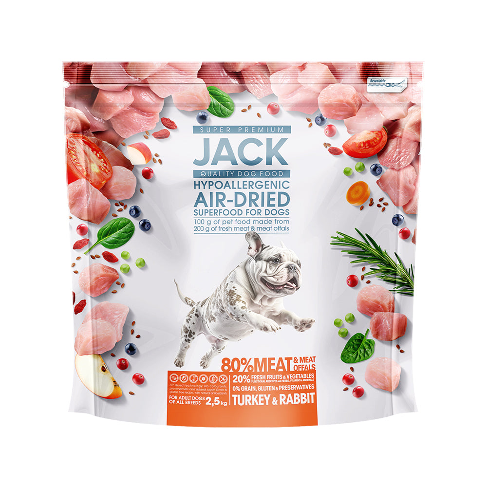 JACK AIR-DRIED DRY FOOD, HYPOALLERGENIC, TURKEY &amp; RABBIT, complete superpremium feed with turkey and rabbit, for small and mini breed dogs