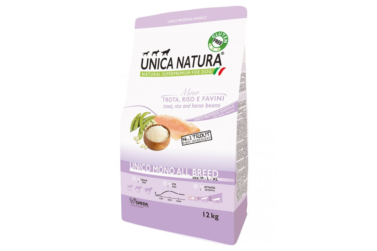 GHEDA UNICA NATURA MONO – TROUT, RICE and HORSE PEAS, visavertis super premium pašaras su upėtakiu vidutinių ir didelių veislių šunims, 12 kg