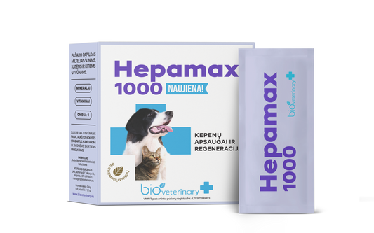 BIOVETERINARY HEPAMAX 1000, pašaro papildas normaliai kepenų veiklai palaikyti, šunims ir katėms