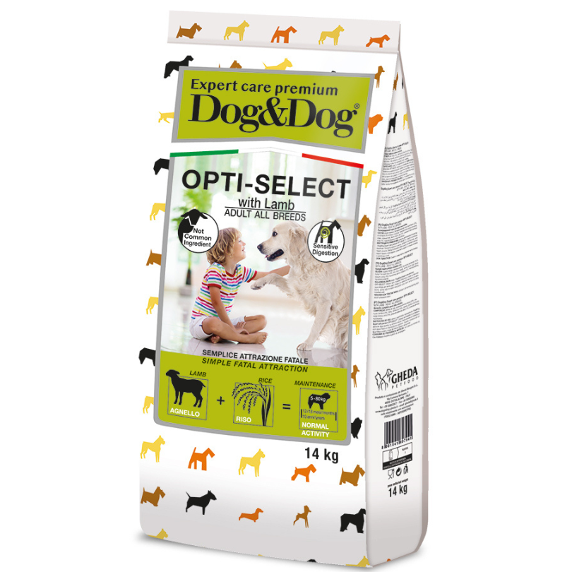 GHEDA DOG&DOG EXPERT CARE PREMIUM OPTI-SELECT, visavertis premium pašaras su ėriena suaugusiems šunims, 14 kg