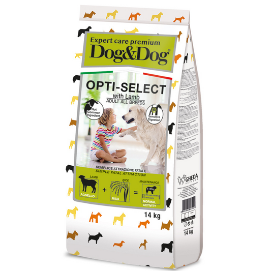 GHEDA DOG&DOG EXPERT CARE PREMIUM OPTI-SELECT, visavertis premium pašaras su ėriena suaugusiems šunims, 14 kg