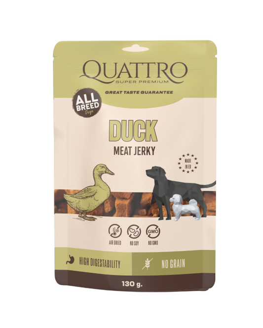 QUATTRO JERKY - DUCK FILLETS, pašaro papildas suaugusiems šunims su antiena, 130g