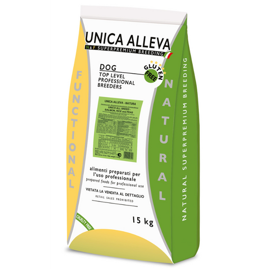 GHEDA UNICA ALLEVA NATURA – UNICO ALL BREED SALMON, RICE AND PEAS, visavertis superpremium pašaras su lašiša vidutinių ir didelių veislių šunims, 15 kg