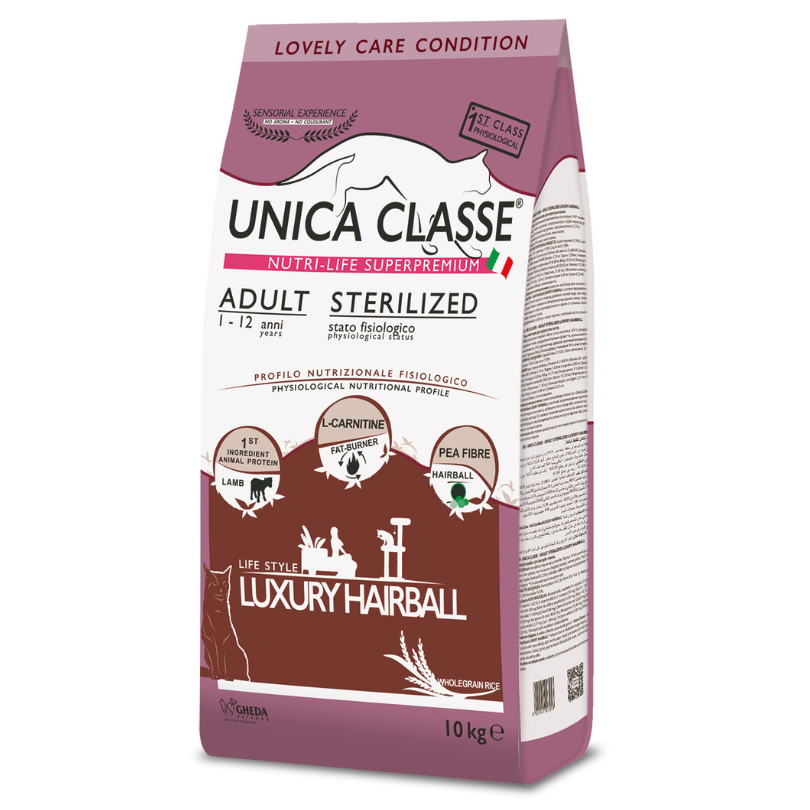 UNICA CLASSE CAT ADULT STERILIZED LUXURY HAIRBALL, visavertis superpremium pašaras visų veislių suaugusioms sterilizuotoms katėms