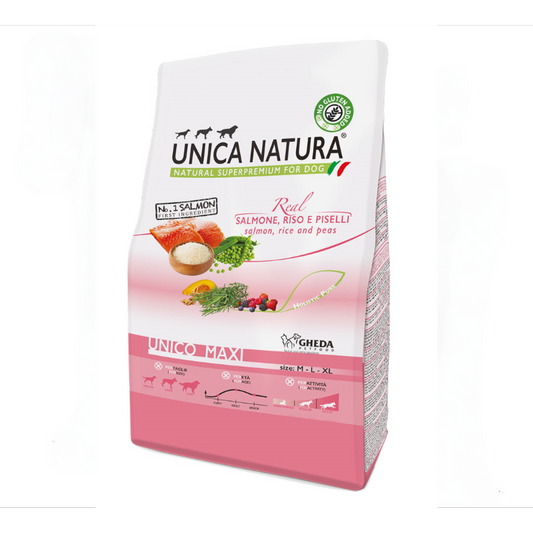 GHEDA UNICA NATURA MAXI – SALMON, RICE and PEAS, visavertis super premium pašaras su lašiša vidutinių ir didelių veislių šunims, 12 kg