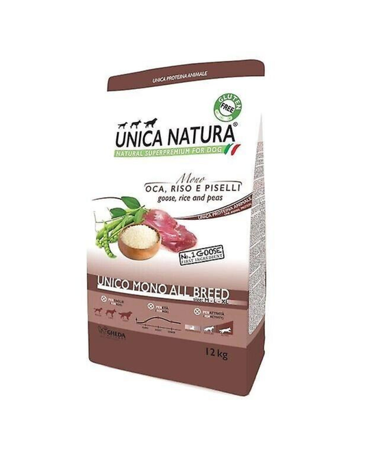 UNICA NATURA MONO – GOOSE, RICE and PEAS, visavertis super premium pašaras su žąsiena vidutinių ir didelių veislių šunims, 12 kg